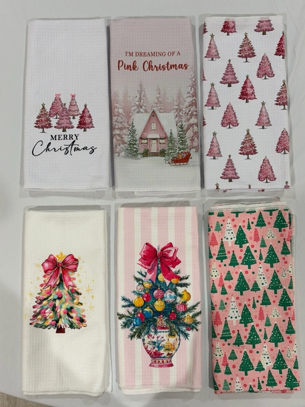 Pink Christmas Holiday Kitchen Towels - Festive Tree Set